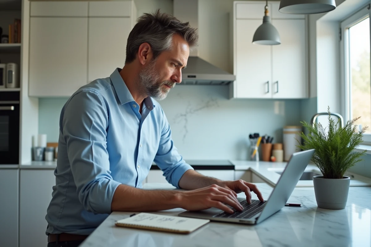 Homme VDI créant une facture en ligne sur un ordinateur portable dans sa cuisine