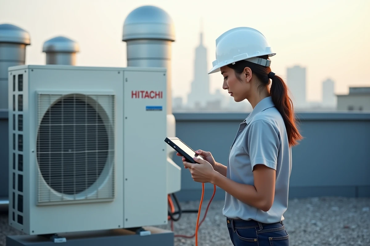 Ingénieure HVAC analysant les codes défaut d'un groupe extérieur Hitachi sur un toit en milieu urbain