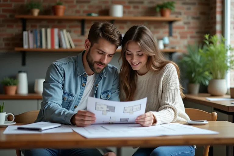 Jeune couple examine des plans dans un appartement moderne