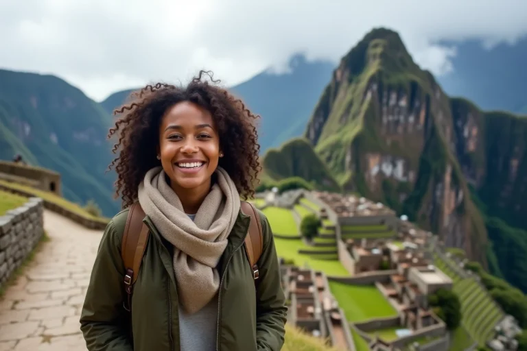 Jeune femme souriante devant Machu Picchu avec sac à dos