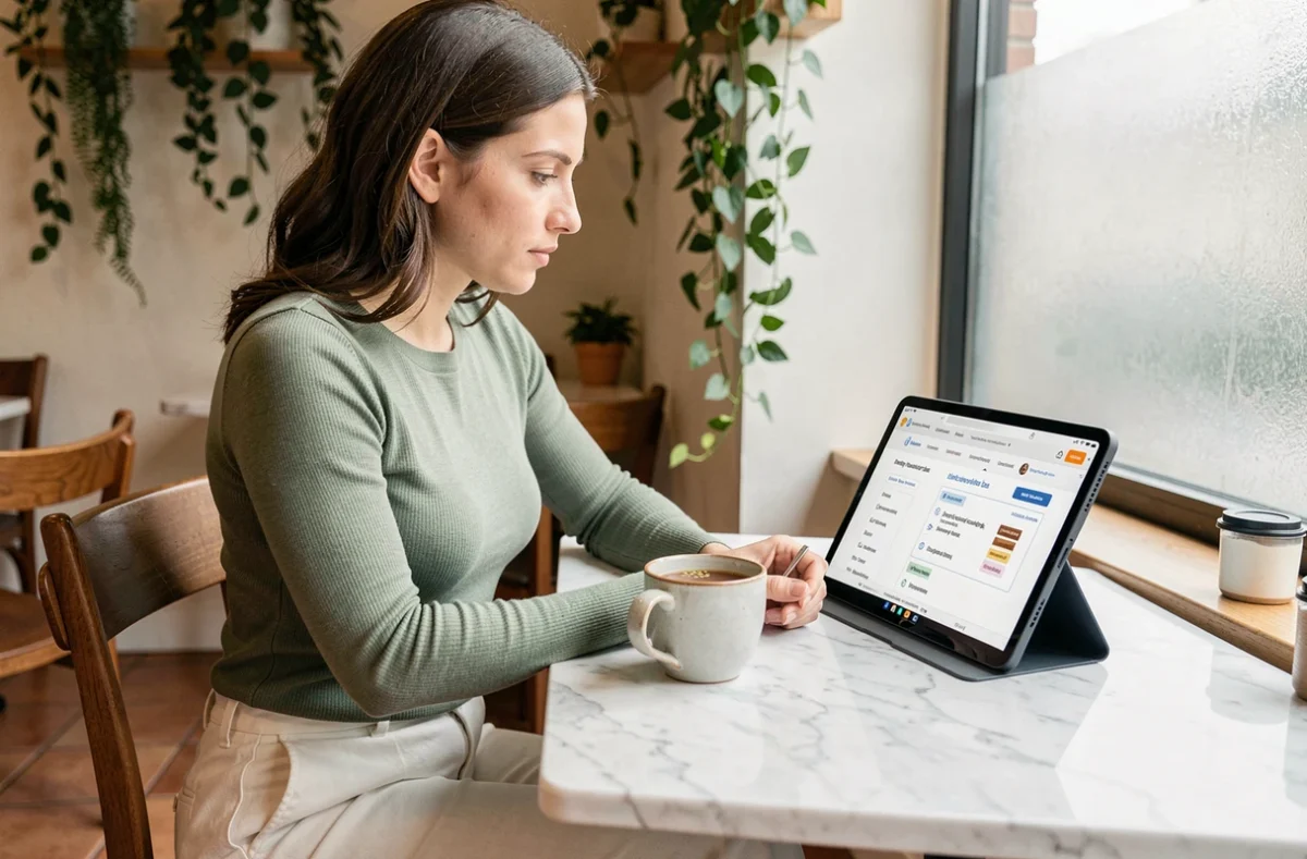 Jeune femme explorant un sitemap de site bien-être sur une tablette dans un café végétal et apaisant