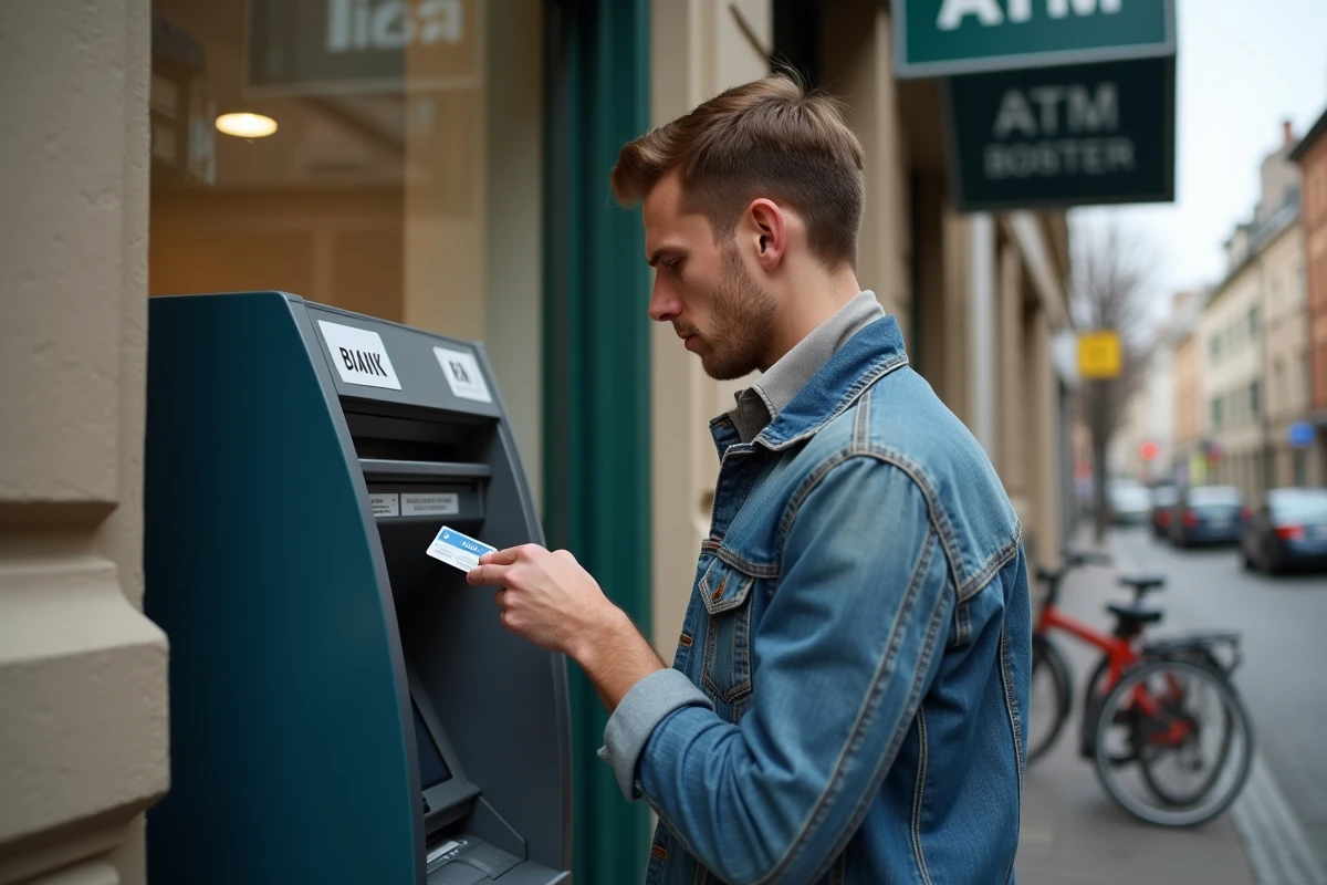 Jeune homme perplexe devant un distributeur automatique