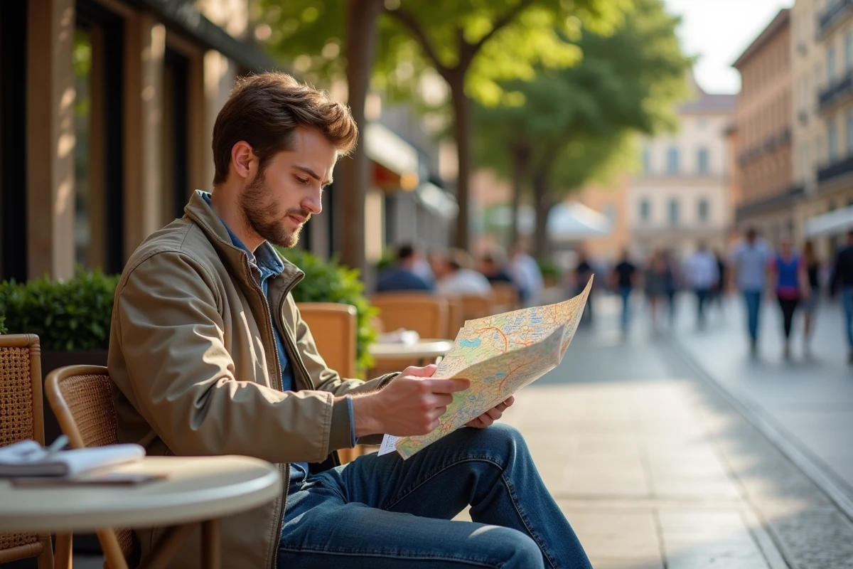 Jeune homme lisant une carte dans un café de Pamplona