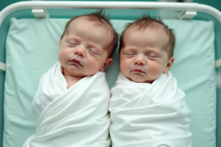 Deux bébés jumeaux nouveau-nés emmaillotés dans des couvertures blanches dans un berceau d'hôpital, vus de dessus