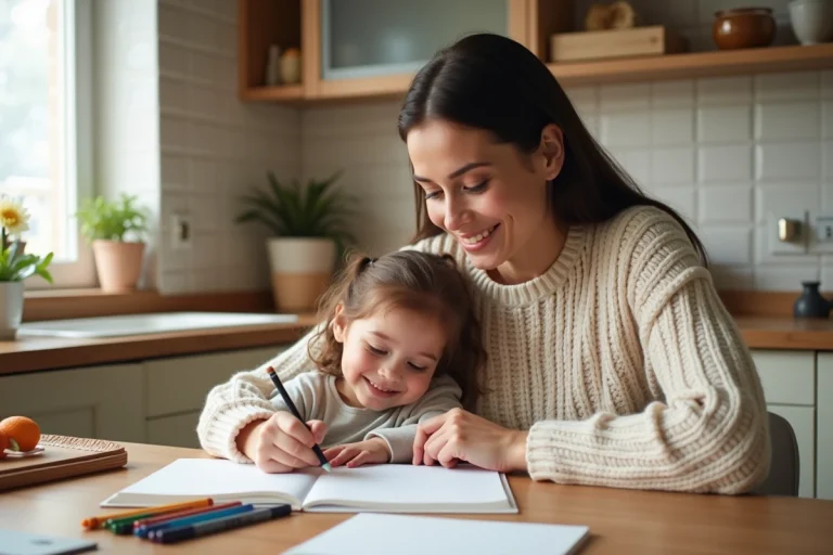 Maman et fille dessinant à la maison dans une cuisine lumineuse