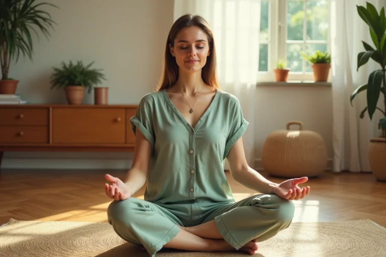 Femme pratiquant la méditation matinale sur un tapis naturel dans un salon chaleureux et minimaliste