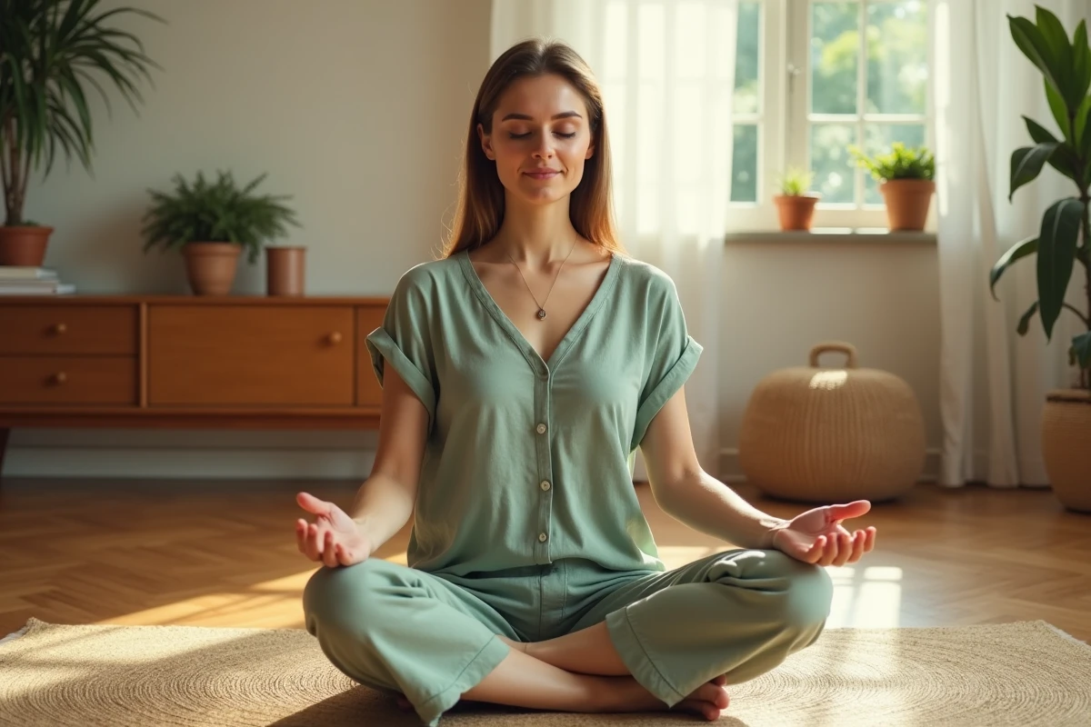 Femme pratiquant la méditation matinale sur un tapis naturel dans un salon chaleureux et minimaliste