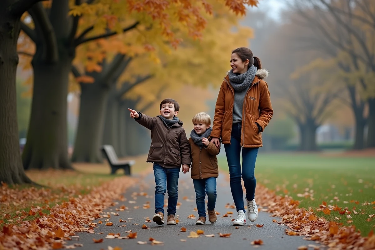 Mère et ses deux fils se promenant dans un parc en automne, partageant un moment de complicité en famille pour renforcer leurs liens au quotidien