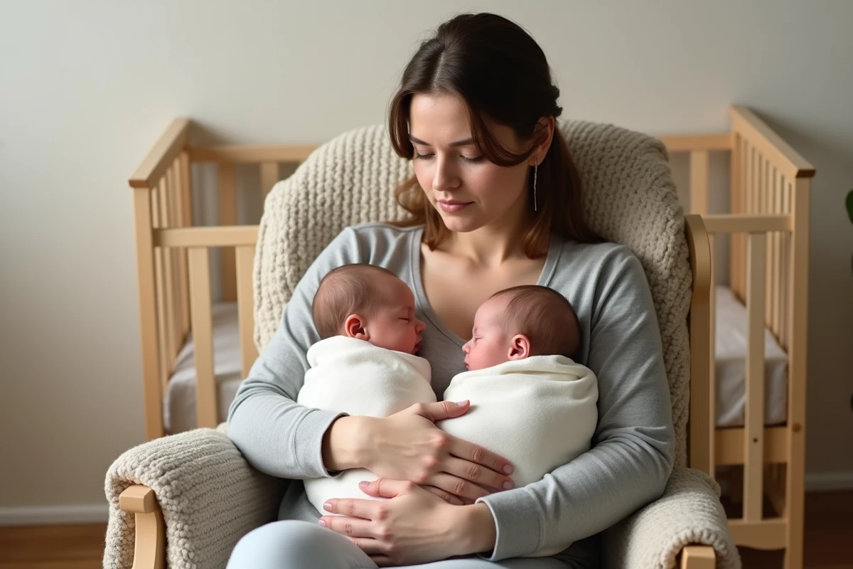 Jeune mère tenant ses deux bébés jumeaux nouveau-nés dans les bras dans une chambre de bébé cosy