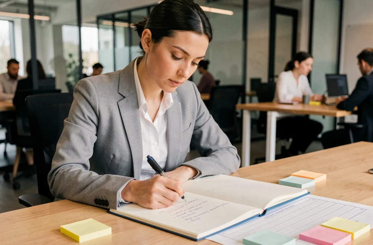 Femme professionnelle utilisant une grille de méthode ALARM pour structurer ses notes dans un bureau moderne