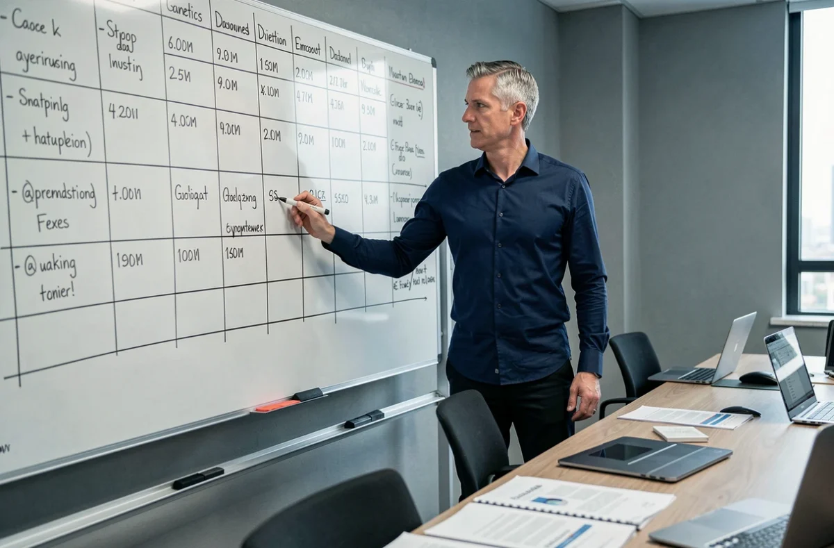Manager expliquant la méthode ALARM sur un tableau blanc lors d'une réunion stratégique en entreprise