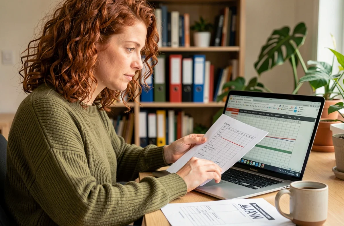 Femme travaillant depuis chez elle sur une grille de la méthode ALARM avec un ordinateur portable et des documents imprimés