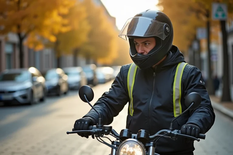 Motard équipé d'un casque intégral homologué et d'une veste haute visibilité avant de prendre la route en ville