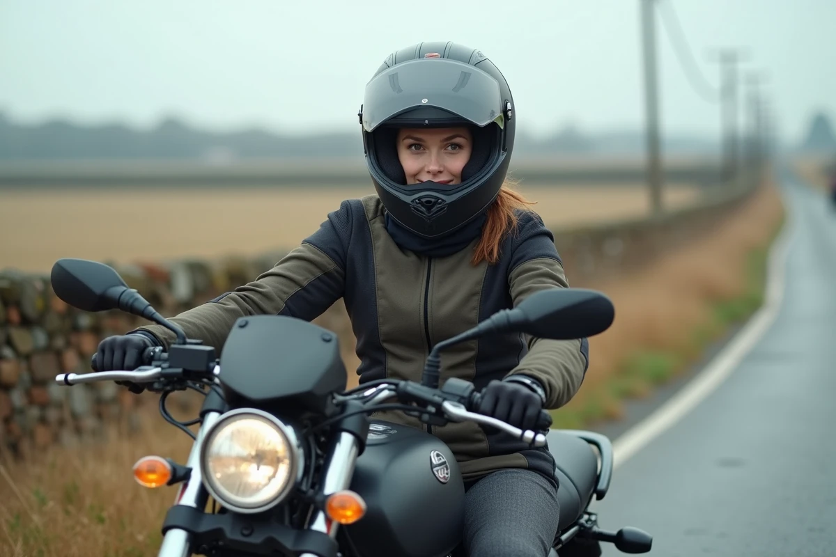Motarde retirant son casque intégral sur une route de campagne, cagoule sous-casque visible autour du cou, équipement réglementaire