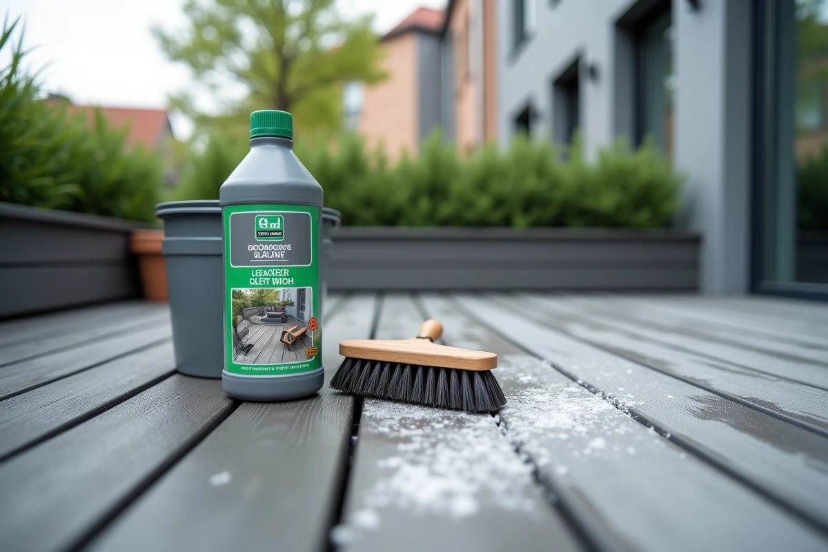 Flacon de nettoyant pierre et bois composite Guard Industrie posé sur une terrasse en composite avec une brosse rigide et un seau, montrant la surface nettoyée