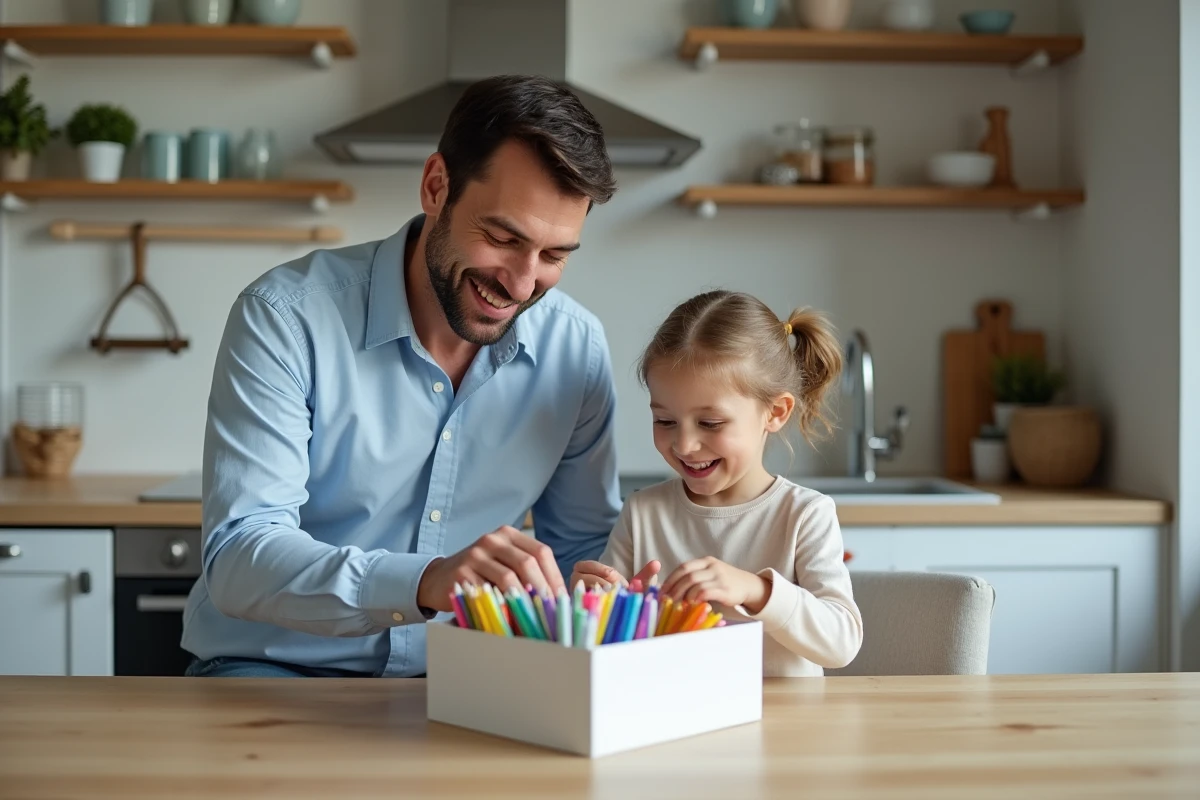 Père et fille triant des fournitures dans la cuisine