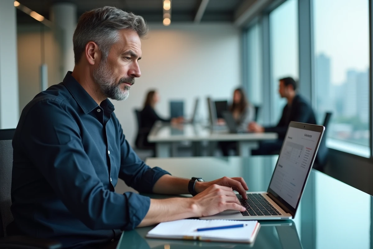 Homme configurant les paramètres de Google Agenda pour activer les numéros de semaine sur un ordinateur portable en bureau open space