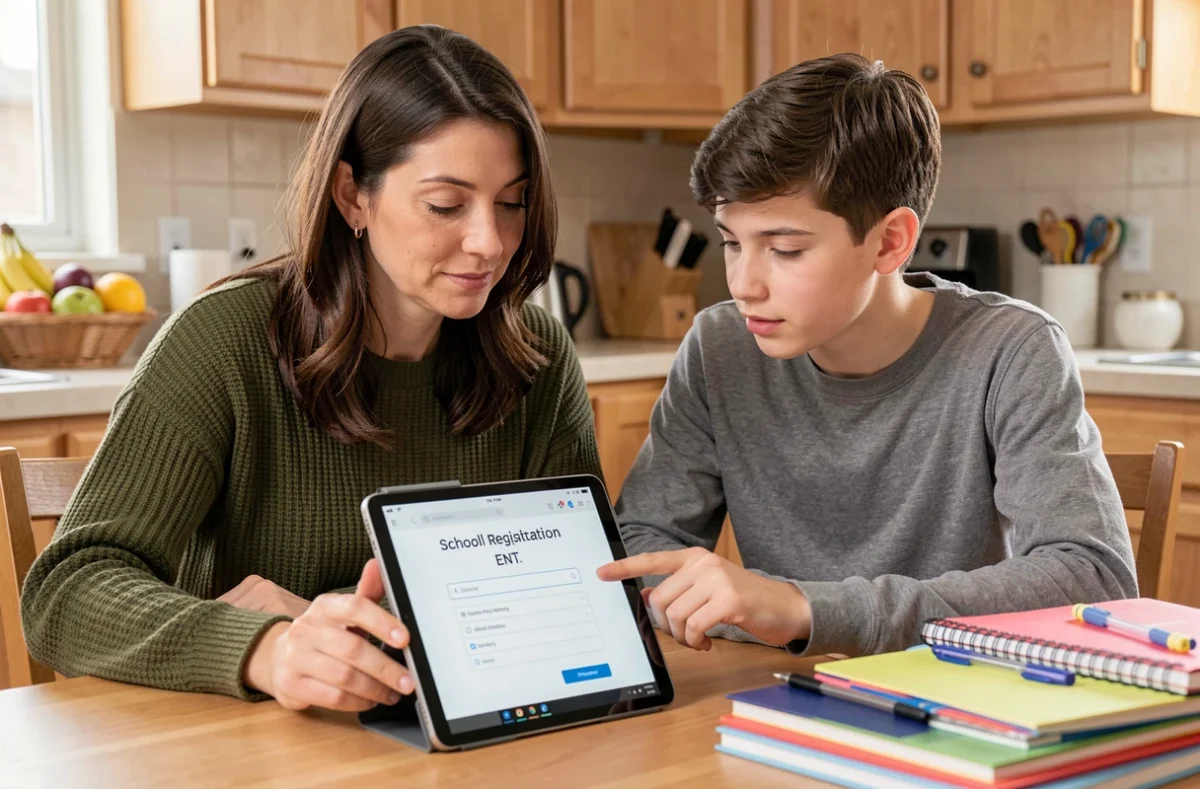 Mère et fils activant ensemble le compte ENT scolaire sur une tablette à la maison à la rentrée