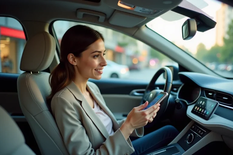 Passagère utilisant une application de covoiturage Uber dans une voiture moderne en milieu urbain