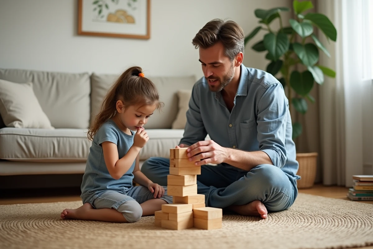 Père et fille jouant ensemble sur le sol du salon avec des blocs en bois, créant des moments complices pour renforcer les liens familiaux