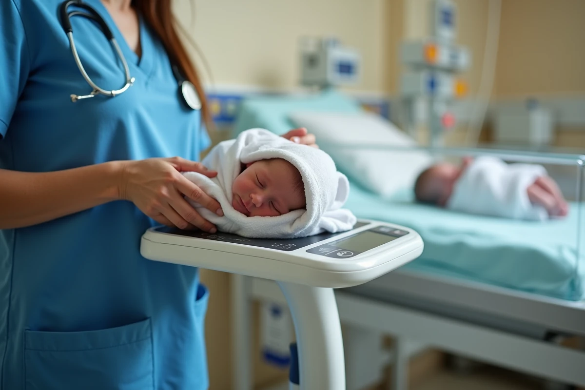 Infirmière pesant un bébé jumeau nouveau-né sur une balance médicale dans une unité néonatale