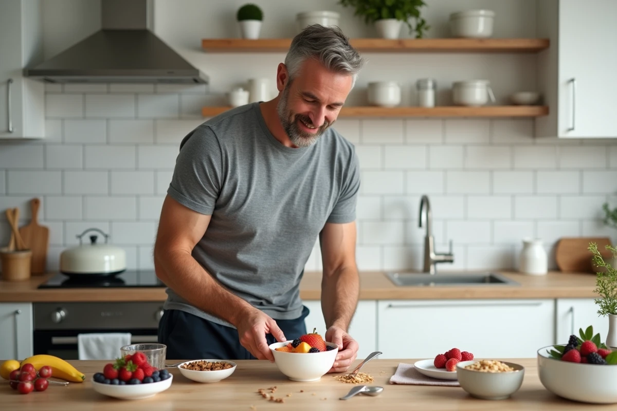 Homme préparant un bol nutritif de fruits et granola dans une cuisine moderne et lumineuse