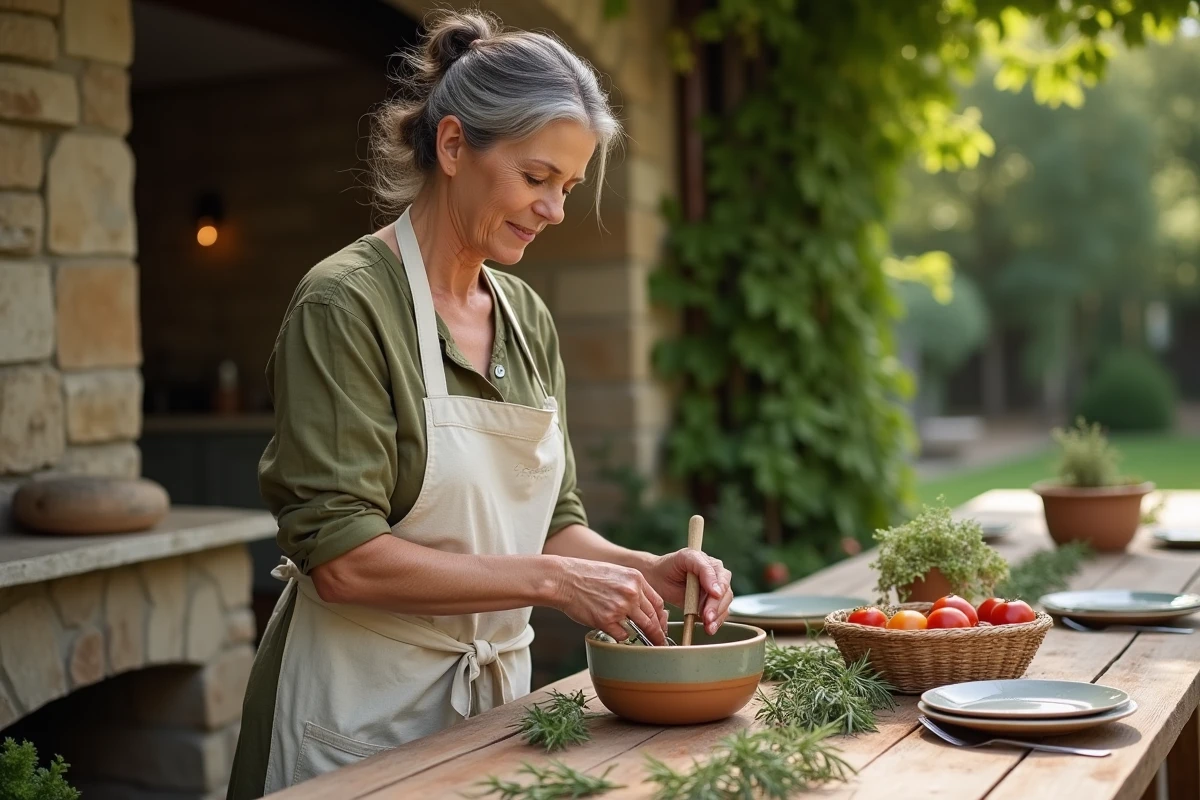 Femme préparant une vinaigrette maison dans un bol en céramique lors d'un dîner en plein air dans un jardin provençal