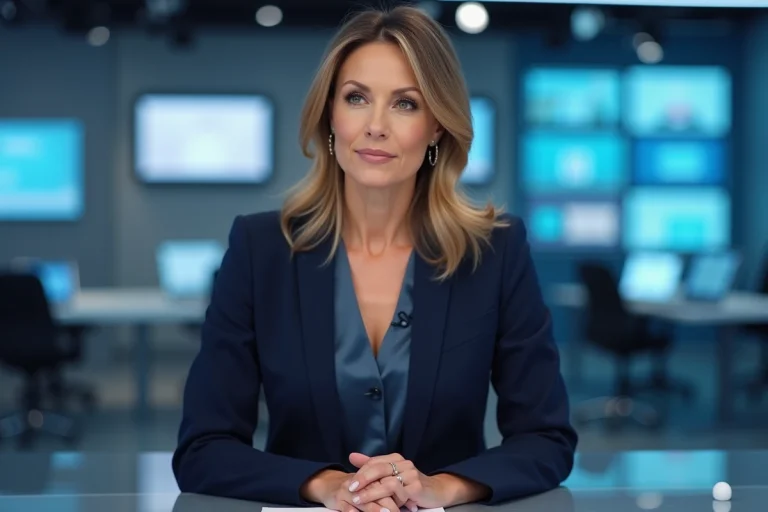 Journaliste présentatrice professionnelle assise au bureau d'un plateau télévisé, regard calme et posture élégante dans un studio moderne