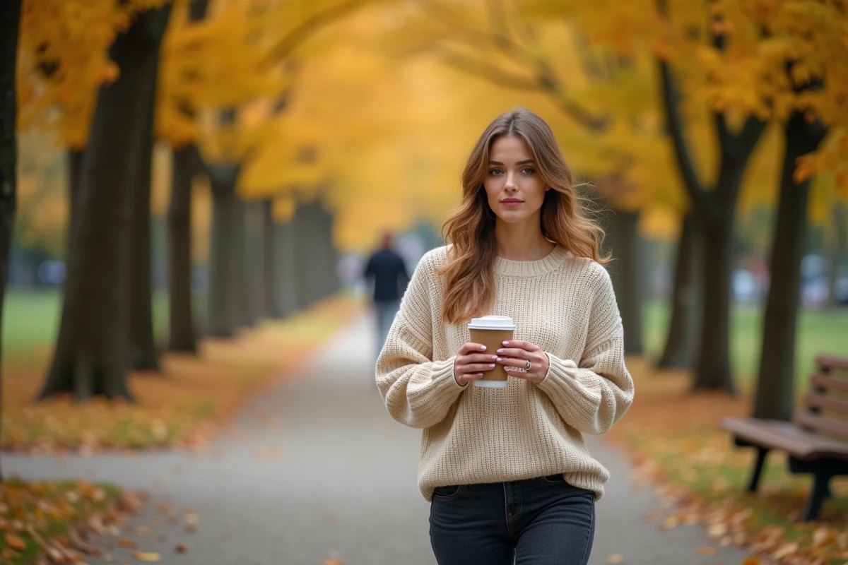 Femme se promenant sereinement dans un parc urbain en automne pour prendre soin de son bien-être mental