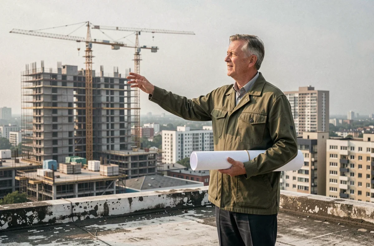 Promoteur immobilier sur un chantier de construction urbain observant des tours résidentielles en développement