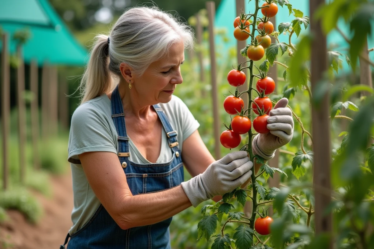 Jardinière inspectant un plant de tomate à maturité avec des fruits rouges et oranges prêts à être récoltés dans un potager
