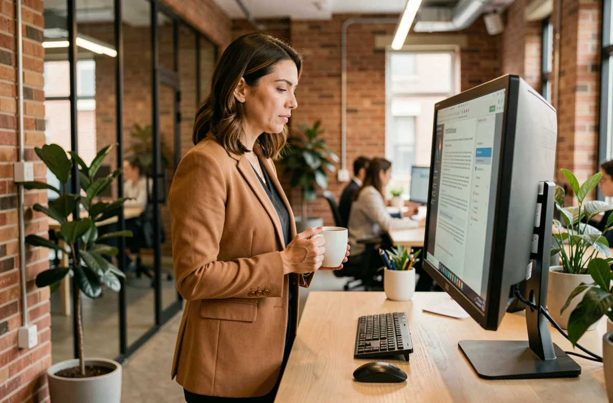 Responsable juridique d'entreprise consultant des actualités légales sur écran dans un bureau moderne et ouvert