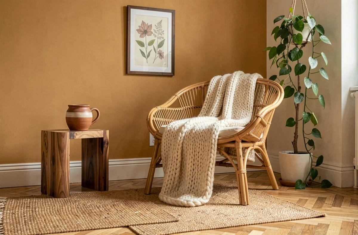 Coin salon bohème avec fauteuil en rotin tressé, plaid en laine chunky et poterie artisanale sur parquet en chevrons