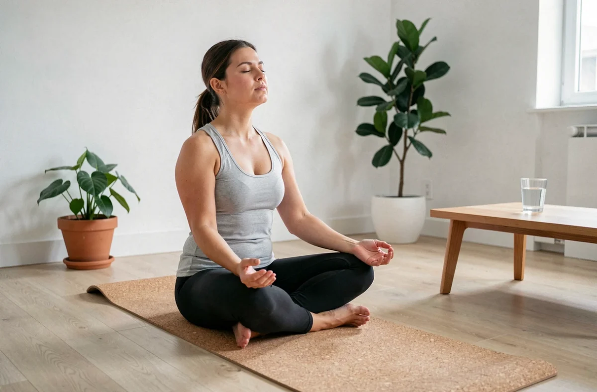 Femme pratiquant la respiration profonde sur un tapis de yoga dans un salon minimaliste pour prendre soin de sa santé au quotidien