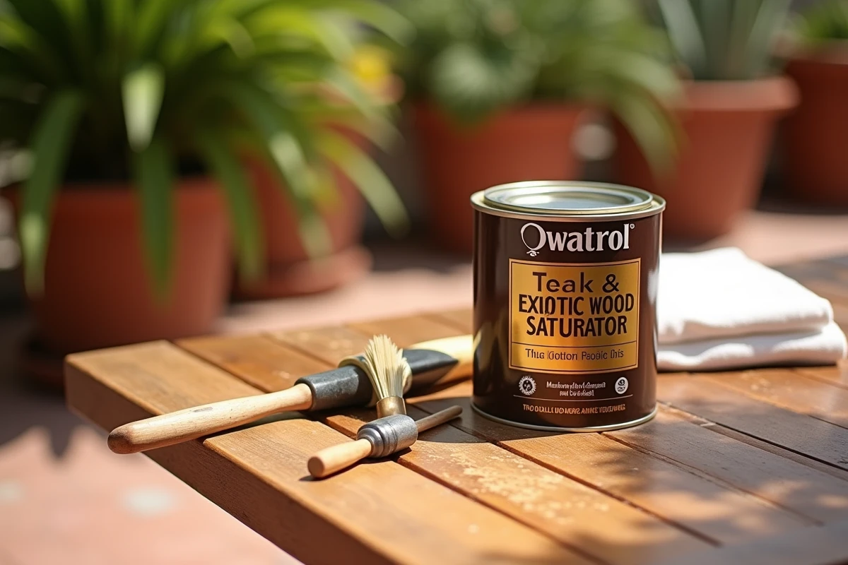 Boîte de saturateur teck et bois exotiques Owatrol posée sur une table de jardin en teck avec un pinceau plat et un chiffon, montrant l'application du produit