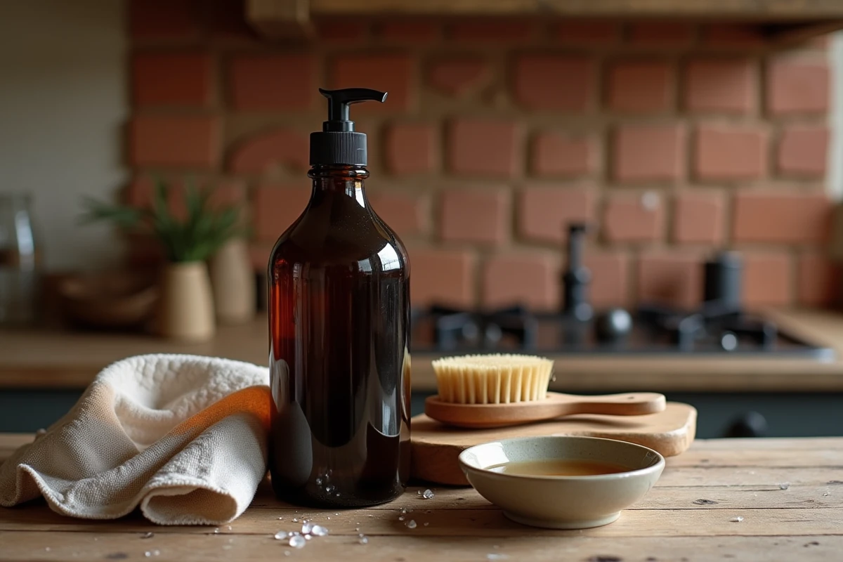 Flacon en verre ambré de savon noir liquide concentré à l'huile de lin posé sur un plan de travail en bois rustique avec une brosse en bois et un linge en lin