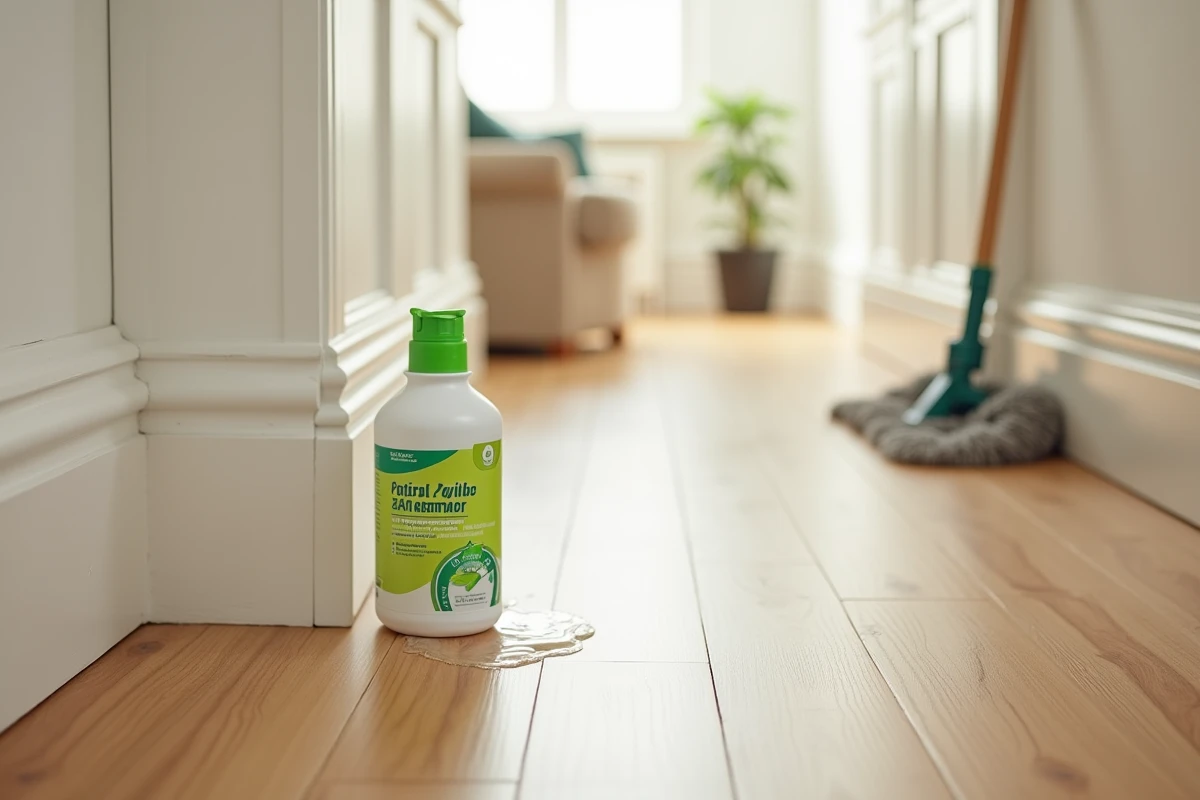 Flacon de nettoyant doux Starwax pour parquets et stratifiés posé sur un parquet en chêne clair avec une serpillière en microfibre