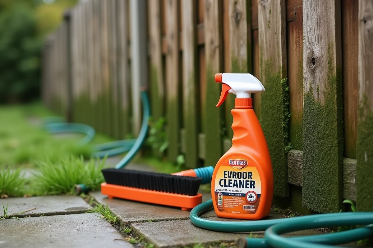 Flacon de nettoyant bois extérieur Syntilor posé contre une clôture en bois couverte d'algues avec une brosse et un tuyau d'arrosage