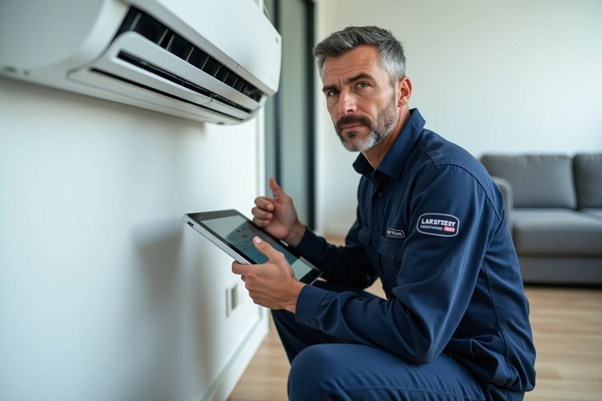 Technicien HVAC diagnostiquant un code défaut sur une climatisation Hitachi murale avec une tablette numérique