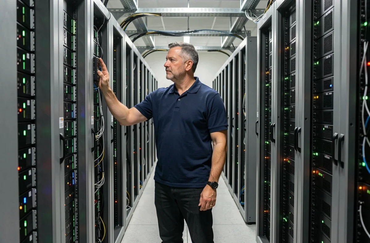 Technicien informatique inspectant des serveurs dans une salle de données professionnelle