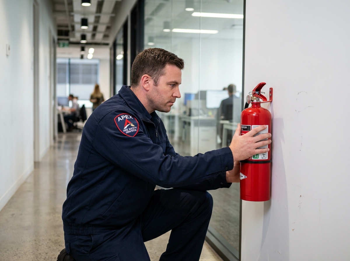 Technicien en sécurité incendie inspectant un extincteur dans un couloir de bureau moderne
