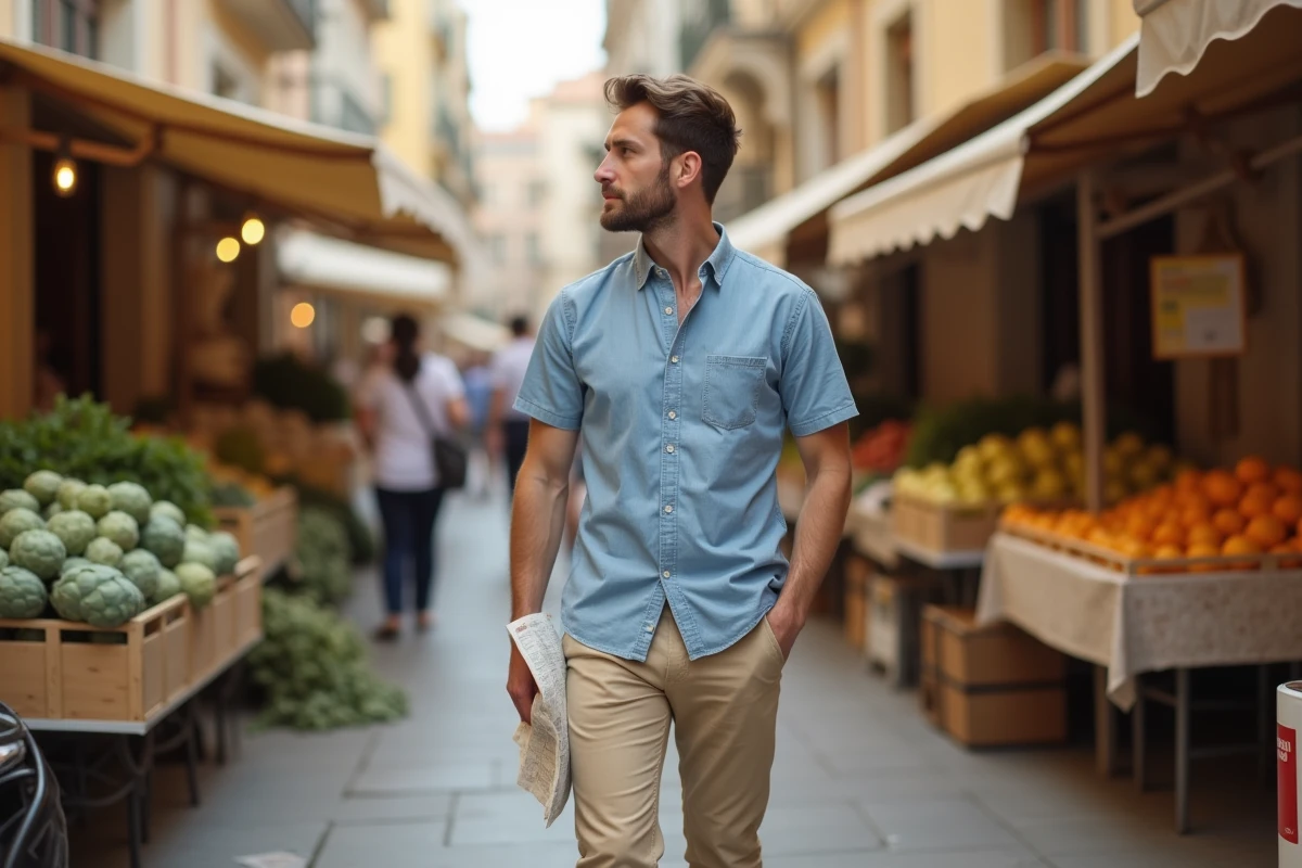 Homme en tenue décontractée sicilienne au marché en plein air en avril avec chemise chambray et chino beige