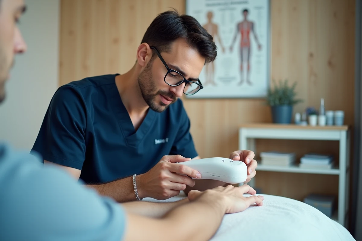 Thérapeute appliquant la méthode MC 77 avec un appareil laser sur les points d'acupuncture d'un patient pour traiter les addictions