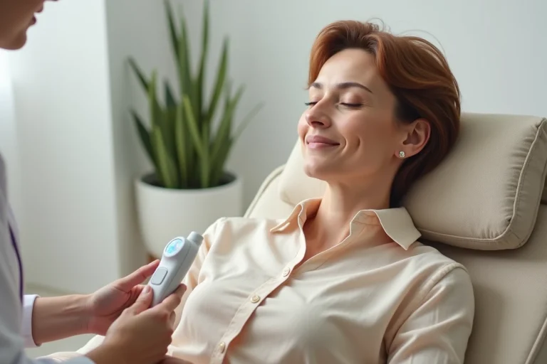 Femme recevant un traitement laser anti-addictions avec la méthode MC 77 dans une clinique moderne et apaisante
