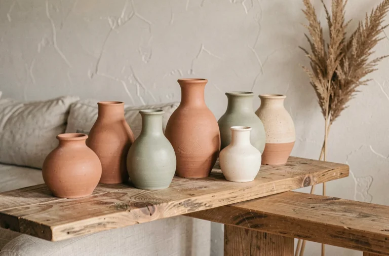 Collection de vases artisanaux en céramique terracotta disposés sur une étagère en bois brut dans un salon de style scandinave