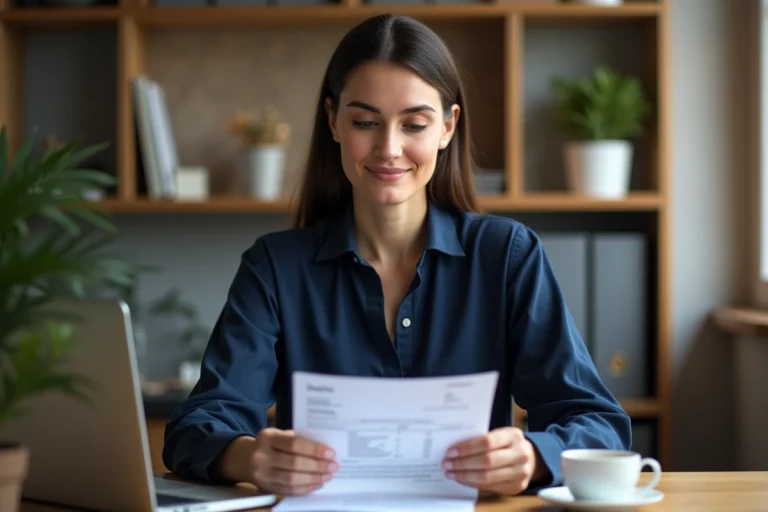 VDI femme indépendante consultant une facture à son bureau à domicile
