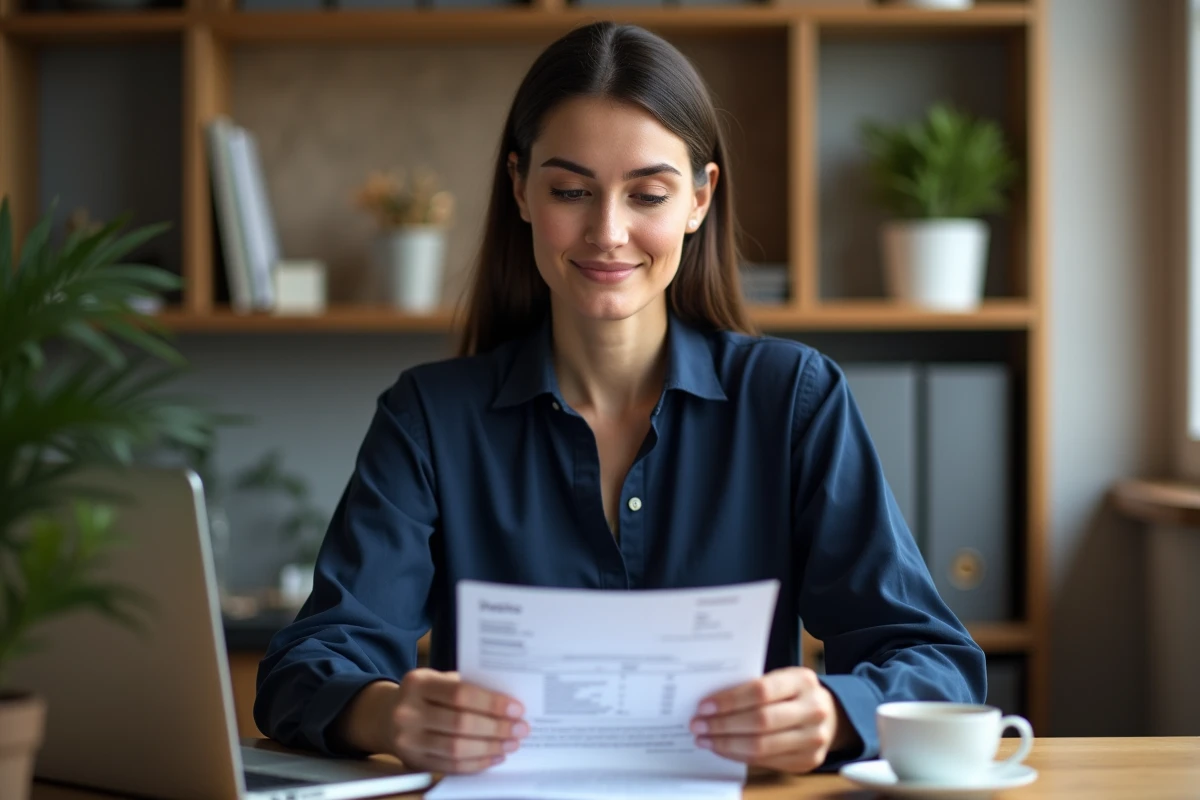 VDI femme indépendante consultant une facture à son bureau à domicile