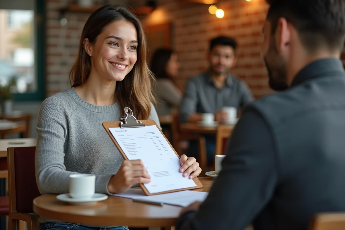 VDI remettant une facture à un client dans un café lors d'un rendez-vous professionnel