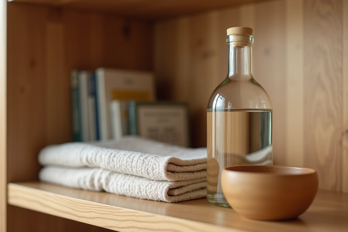 Flacon en verre de vinaigre blanc dilué posé sur une étagère en bois de pin avec un chiffon en coton, utilisé comme nettoyant d'appoint pour bois intérieur